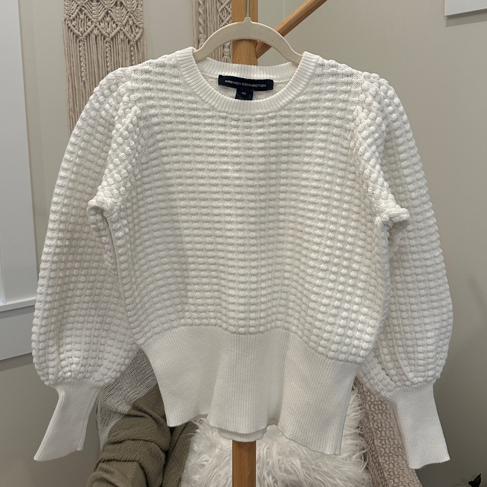 French Connection White Textured Puff Sleeve Cotton Sweater XS
